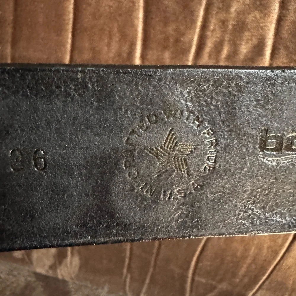 Boston black embossed leather belt with brass buckle Size 36 Made in USA